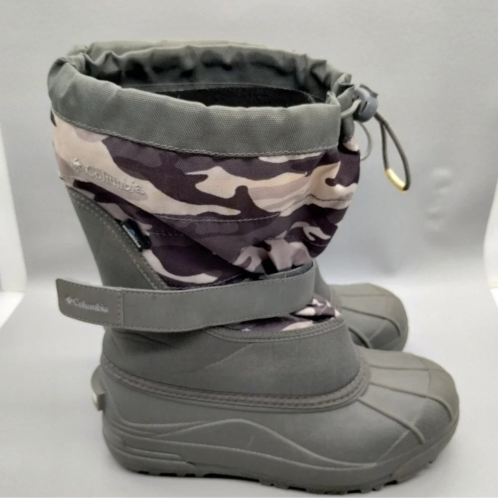 Columbia Powderbug Plus II Kids Snow Boot Gray Camo Waterproof BY1327-033 Size 6